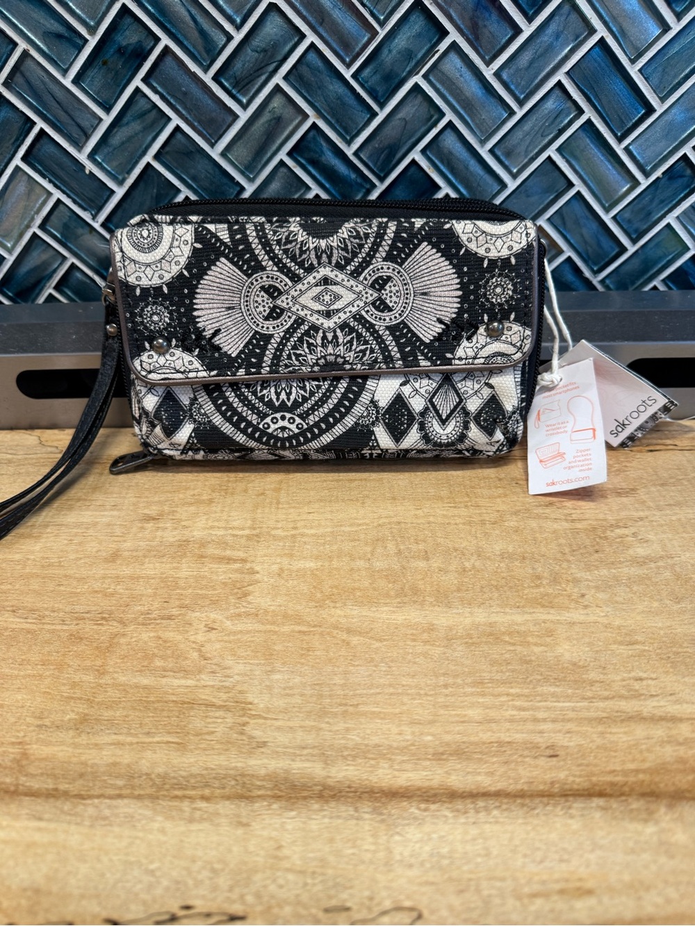 Sakroots Black & White Mandala Crossbody Wristlet